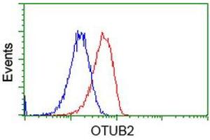 Flow cytometric Analysis of Hela cells, using anti-OTUB2 antibody (ABIN2453413), (Red), compared to a nonspecific negative control antibody (TA50011), (Blue). (OTUB2 antibody)