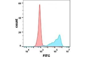 Flow cytometry analysis with Anti-OX40L  (DM112) on Expi293 cells transfected with human OX40L (Blue histogram) or Expi293 transfected with irrelevant protein(Red histogram). (TNFSF4 antibody  (AA 51-183))