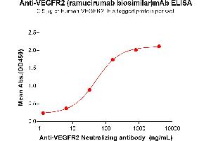 ELISA plate pre-coated by 5 μg/mL (100 μL/well) Human VE protein, His Tag ABIN6964112, ABIN7042479 and ABIN7042480 can bind Anti-VE Neutralizing antibody (ABIN7093076 and ABIN7272606) in a linear range of 6. (Recombinant VEGFR2 (Ramucirumab Biosimilar) antibody)