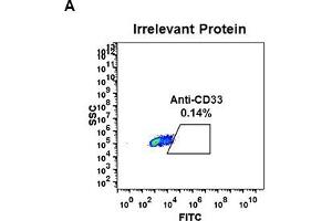 Expi 293 cell line transfected with irrelevant protein  (A) and human CD33  (B) were surface stained with Rabbit anti-CD33 monoclonal antibody 1 μg/mL  (clone: DM77) followed by Alexa 488-conjugated anti-rabbit IgG secondary antibody. (CD33 antibody  (AA 18-269))