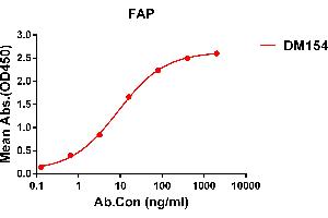 ELISA plate pre-coated by 1 μg/mL (100 μL/well) Human FAP protein, His tagged protein ABIN7092782, ABIN7272372 and ABIN7272373 can bind Rabbit anti-FAP monoclonal antibody (clone: DM154) in a linear range of 1-500 ng/mL. (FAP antibody  (AA 30-760))