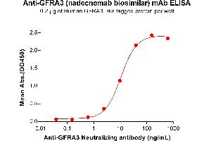 ELISA plate pre-coated by 2 μg/mL (100 μL/well) Human G Protein, His Tag ABIN7092776, ABIN7272368 and ABIN7272369 can bind Anti-G Neutralizing antibody (ABIN7477994 and ABIN7490926) in a linear range of 2. (Recombinant GFRA3 (Nadecnemab Biosimilar) antibody)