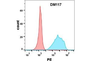 Flow cytometry analysis with Anti-CD7 (DM117) on Expi293 cells transfected with human CD7 (Blue histogram) or Expi293 transfected with irrelevant protein (Red histogram). (CD7 antibody  (AA 26-180))
