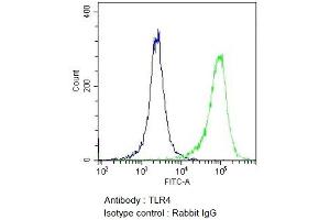 Flow Cytometry analysis using Rabbit Anti-TLR4 Polyclonal Antibody (ABIN2485976). (TLR4 antibody  (AA 420-435) (PE))