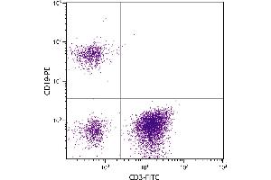 Human peripheral blood lymphocytes were stained with Mouse F(ab’)2 Anti-Human CD19-PE. (CD19 antibody)