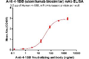 ELISA plate pre-coated by 2 μg/mL (100 μL/well) Human 4-1BB, mFc-His tagged protein ABIN6961084, ABIN7042197 and ABIN7042198 can bind Anti-4-1BB Neutralizing antibody (ABIN7093056 and ABIN7272586) in a linear range of 3. (Recombinant 4-1BB (Utomilumab Biosimilar) antibody)