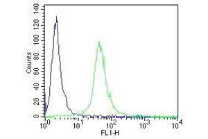 Flow Cytometry analysis of paraformaldehyde fixed Jurkat using ABIN1049505 at 10ug/ml in green and negative control goat IgG at 0. (CD34 antibody  (C-Term))