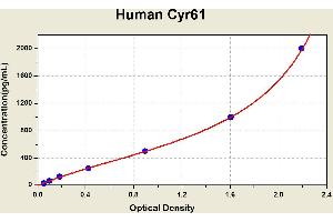 Diagramm of the ELISA kit to detect Human Cyr61with the optical density on the x-axis and the concentration on the y-axis. (CYR61 ELISA Kit)