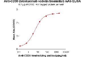 ELISA plate pre-coated by 2 μg/mL (100 μL/well) Human CD30, His tagged protein ABIN6961166, ABIN7042361 and ABIN7042362 can bind Anti-CD30 Neutralizing antibody in a linear range of 0. (Recombinant TNFRSF8 (Brentuximab Biosimilar) antibody)