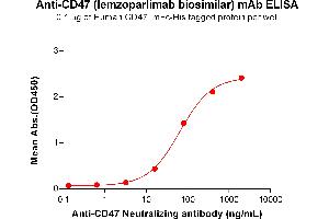 ELISA plate pre-coated by 1 μg/mL (100 μL/well) Human CD47 protein, mFc-His Tag ABIN6961081, ABIN7042191 and ABIN7042192 can bind Anti-CD47 Neutralizing antibody (ABIN7093087 and ABIN7272617) in a linear range of 3. (Recombinant CD47 (Lemzoparlimab Biosimilar) antibody)