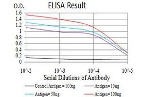 Black line: Control Antigen (100 ng),Purple line: Antigen (10 ng), Blue line: Antigen (50 ng), Red line:Antigen (100 ng) (DNMT3L antibody  (AA 147-386))