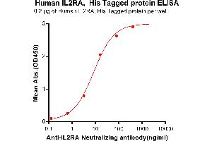 ELISA plate pre-coated by 2 μg/mL (100 μL/well) Human IL2RA, His tagged protein (ABIN6964077, ABIN7042409 and ABIN7042410) can bind Anti-IL2RA Neutralizing antibody ABIN7093062 and ABIN7272592 in a linear range of 0. (CD25 Protein (AA 22-213) (His tag))