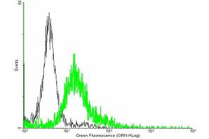 FACS analysis of negative control 293 cells (Black) and MYOC expressing 293 cells (Green) using MYOC purified MaxPab mouse polyclonal antibody. (MYOC antibody  (AA 1-504))