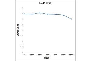 Antigen: 2 µg/100 µL  Primary: Antiserum, 1:500, 1:1000, 1:2000, 1:4000, 1:8000, 1:16000, 1:32000;  Secondary: HRP conjugated Rabbit Anti-Goat IgG at 1: 5000;  TMB staining Read the data in Microplate Reader by 450nm. (Proteoglycan 4 antibody  (AA 1151-1250))