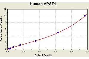 Diagramm of the ELISA kit to detect Human APAF1with the optical density on the x-axis and the concentration on the y-axis. (Apoptosis Protease Activating Factor 1 ELISA Kit)