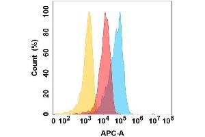 Flow cytometry analysis with Anti-C on Expi293 cells transfected with human C (Blue histogram) or Expi293 transfected with irrelevant protein (Red histogram), and Isotype antibody on Expi293 transfected with irrelevant protein (Orange histogram). (CXCL1 antibody)