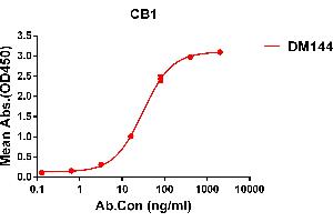 ELISA plate pre-coated by 1 μg/mL (100 μL/well) Human CB1 protein, hFc tagged protein ABIN6964092, ABIN7042439 and ABIN7042440 can bind Rabbit anti-CB1 monoclonal antibody (clone: DM144) in a linear range of 5-200 ng/mL. (CNR1 antibody  (AA 1-116))