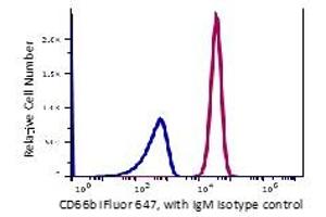 Granulocytes gated RBC lysed blood stained with iFluor647 conjugated anti-human CD66b (clone GIOF5) (red histogram)_ Granulocytes gated RBC lysed blood stained with similar conjugated mouse lgM isotype control (Blue histogram)_ The data are generated by BD Accuri C6 Flow Cytometer and analyzed by FlowJo software. (CEACAM8 antibody  (iFluor™647))