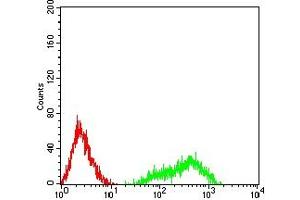 Flow cytometric analysis of HL-60 cells using CD169 mouse mAb (green) and negative control (red). (Sialoadhesin/CD169 antibody  (AA 20-197))