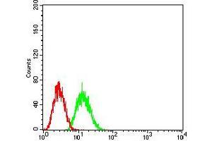 Flow cytometric analysis of HepG2 cells using TTR mouse mAb (green) and negative control (red). (TTR antibody  (AA 1-147))